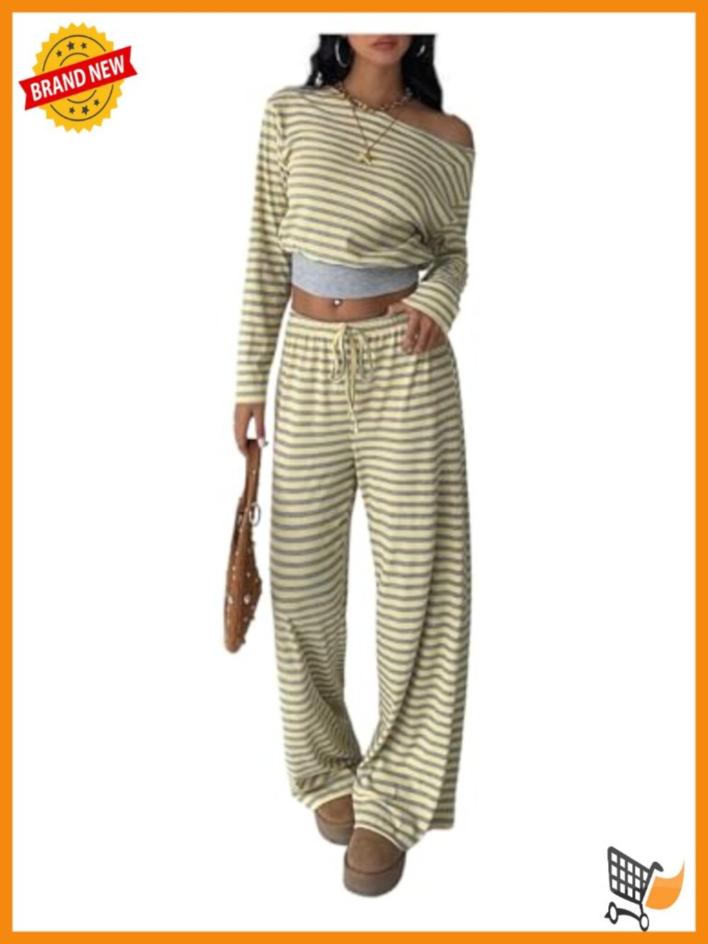 MakeMeChic Women's 2 Piece Striped Lounge Set Off Shoulder Cropped Top